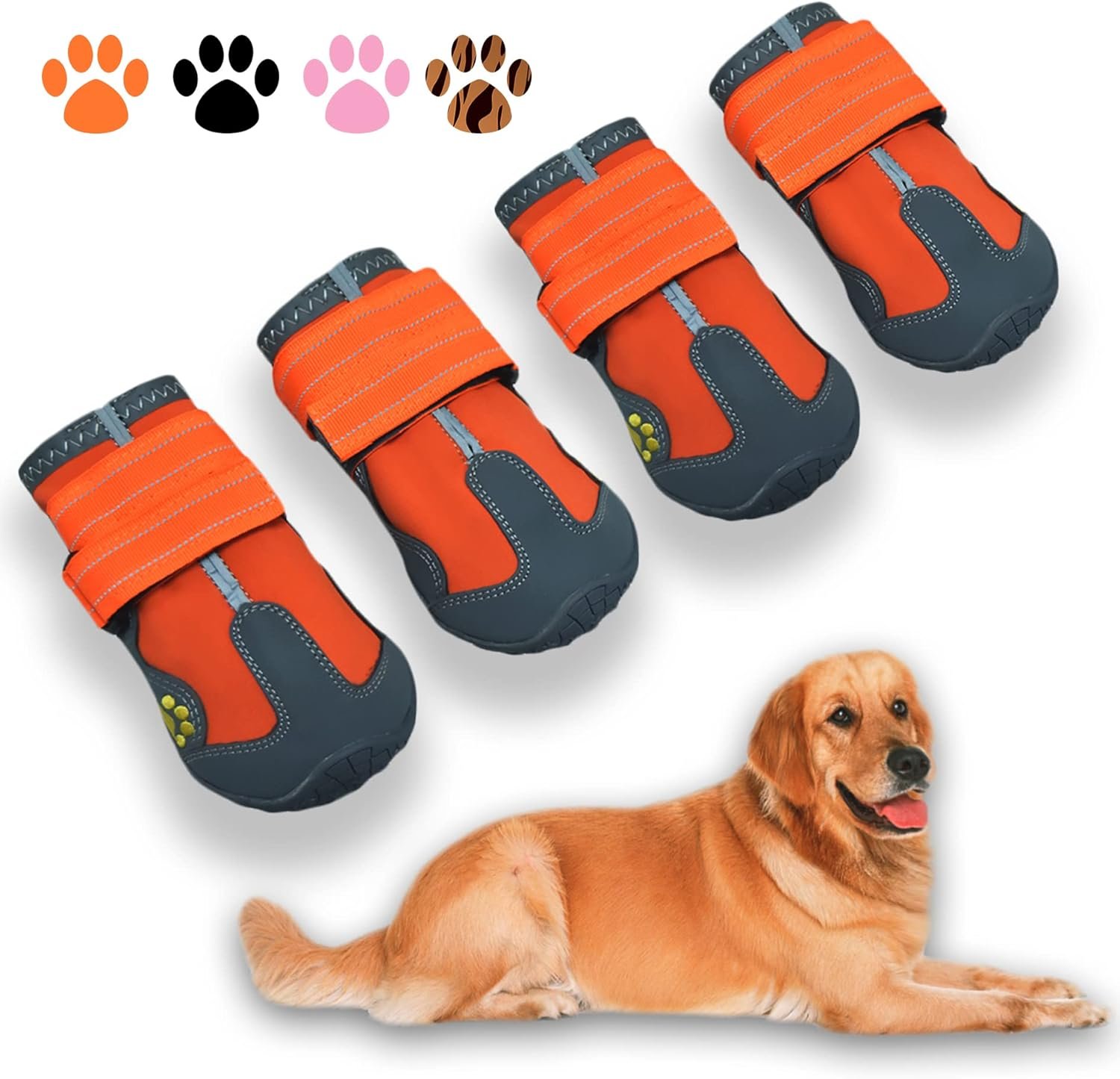 Dog Boots,Waterproof Dog Shoes,Dog Booties with Reflective Strips Rugged Anti-Slip Sole and Skid-Proof,Outdoor Dog Shoes for Medium Large Dogs 4Pcs Orange-Size 7